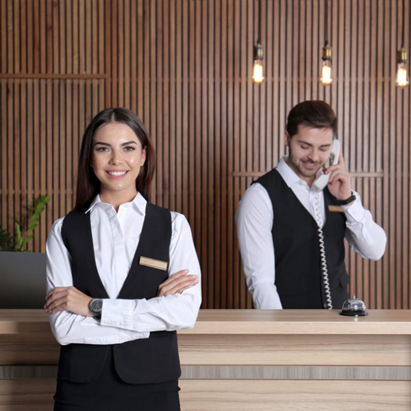 Réceptionniste d'hôtel accueillant des clients - Recrutement hôtellerie Royan Charente-Maritime